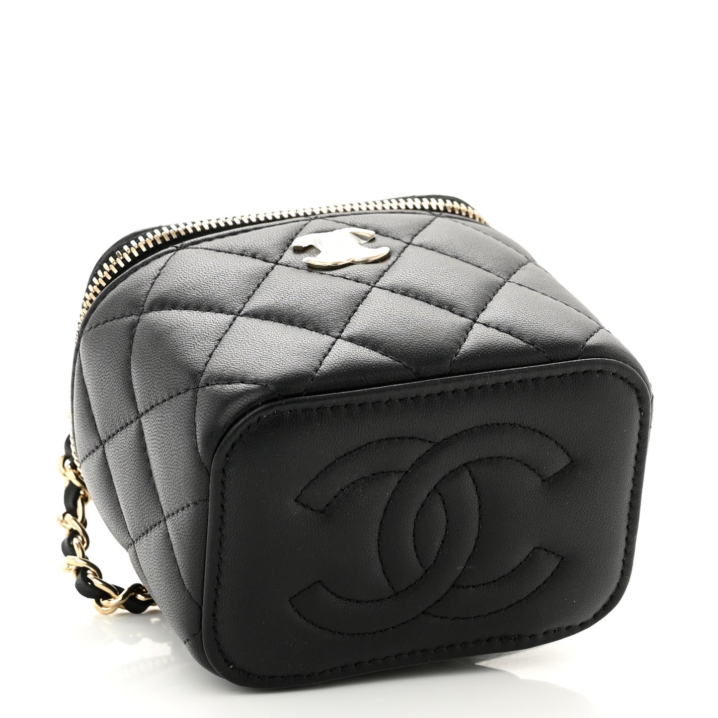 Lambskin Quilted Top Handle Mini Vanity Case With Chain Black