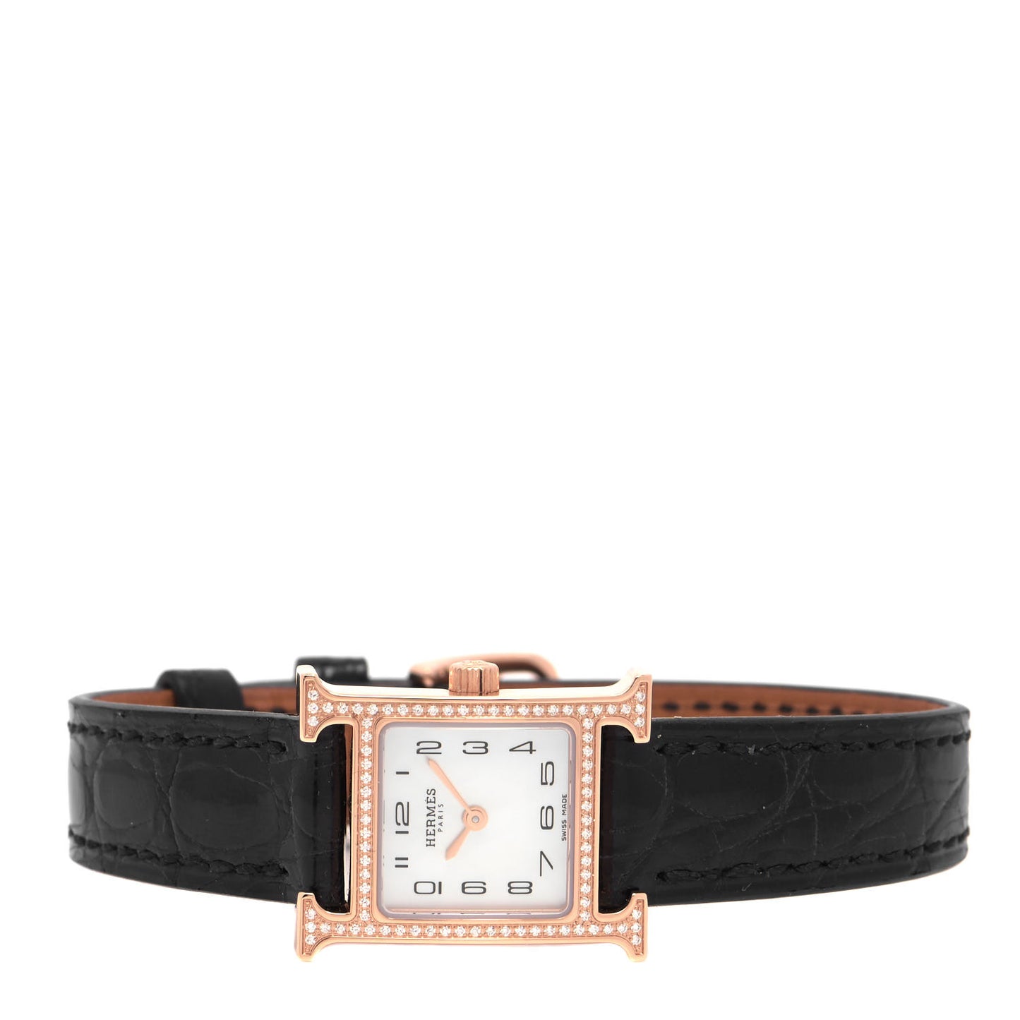 18K Rose Gold Alligator Diamond Bezel Mother of Pearl 17.2mm Heure H Hour Quartz Watch Noir