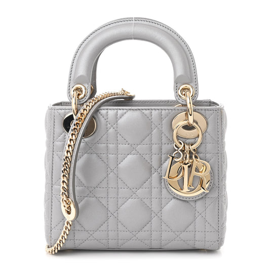 Metallic Lambskin Cannage Mini Lady Dior Grey