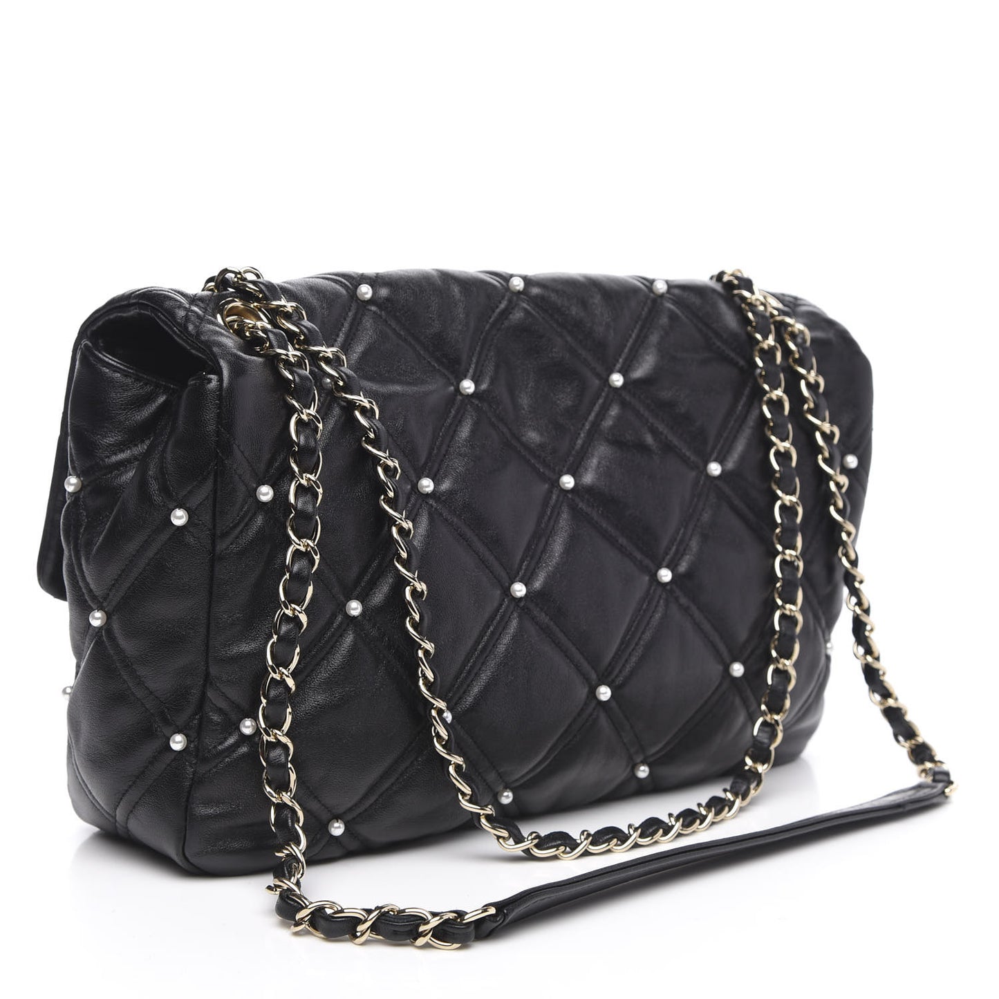 Lambskin Quilted Pearl Studded Flap Black
