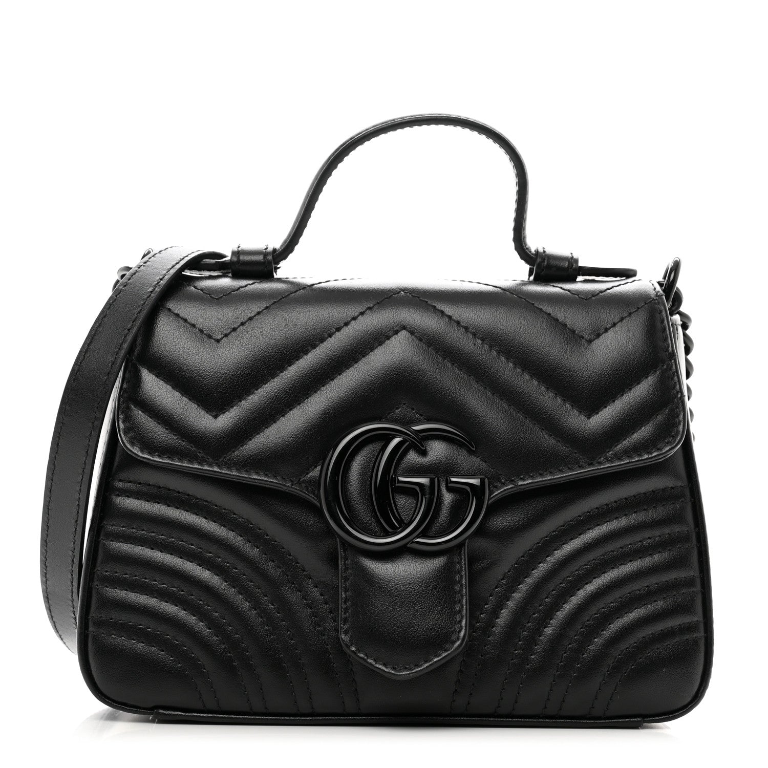 Gucci Calfskin Matelasse Monochrome Mini GG Marmont Top Handle Shoulder Bag Black 1 of 10