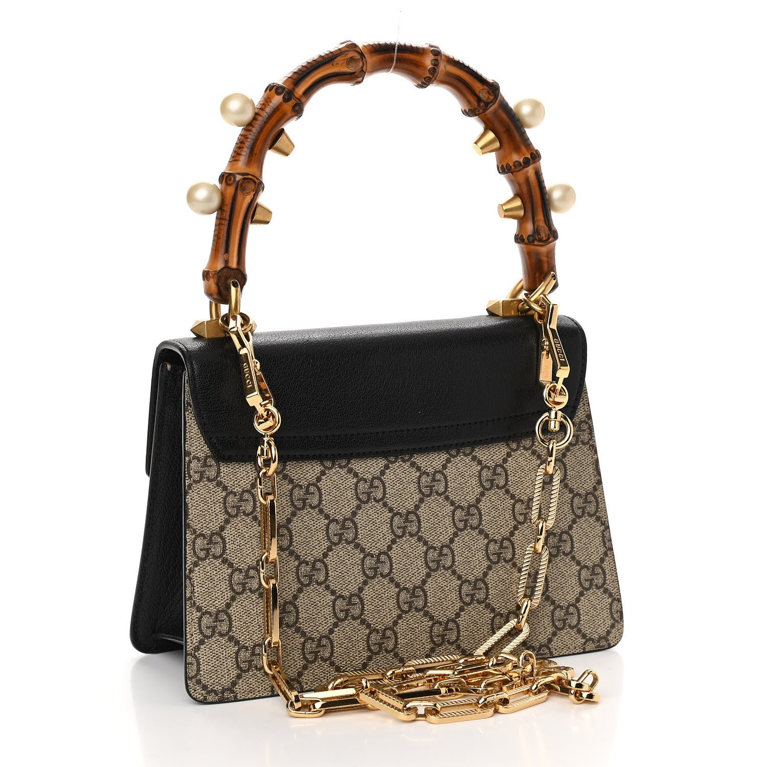 Gucci GG Supreme Monogram Goatskin Pearl Mini Fox Broche Bamboo Top Handle Bag Beige Ebony Black Hibiscus Red Mystic White 3 of 11