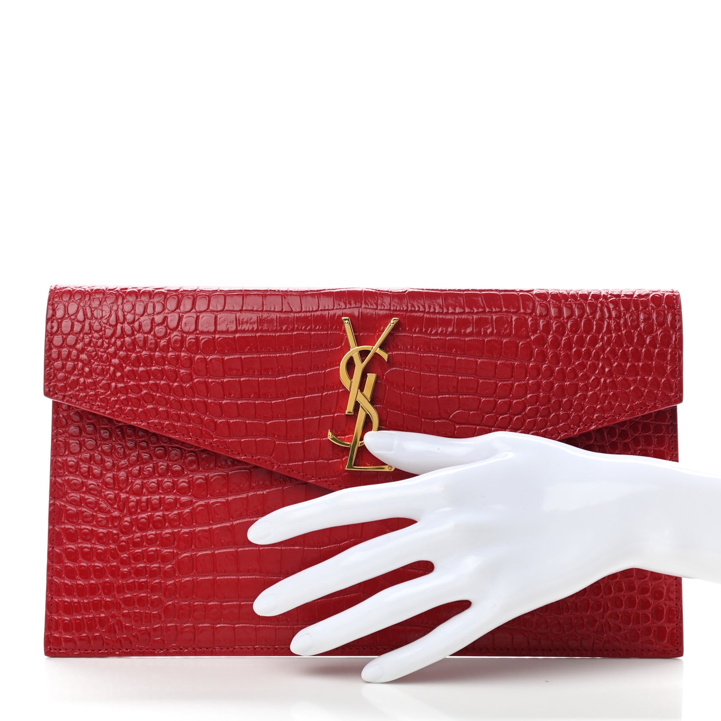 Calfskin Crocodile Embossed Uptown Monogram Clutch Rouge Eros