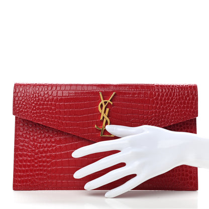 Saint Laurent Calfskin Crocodile Embossed Uptown Monogram Clutch Rouge Eros 2 of 7