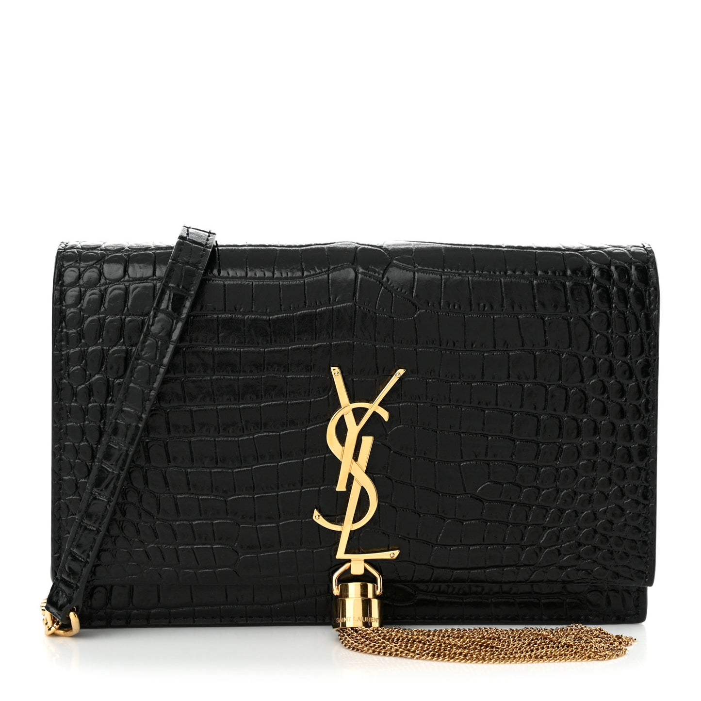 Calfskin Crocodile Embossed Kate Monogram Tassel Chain Wallet Black