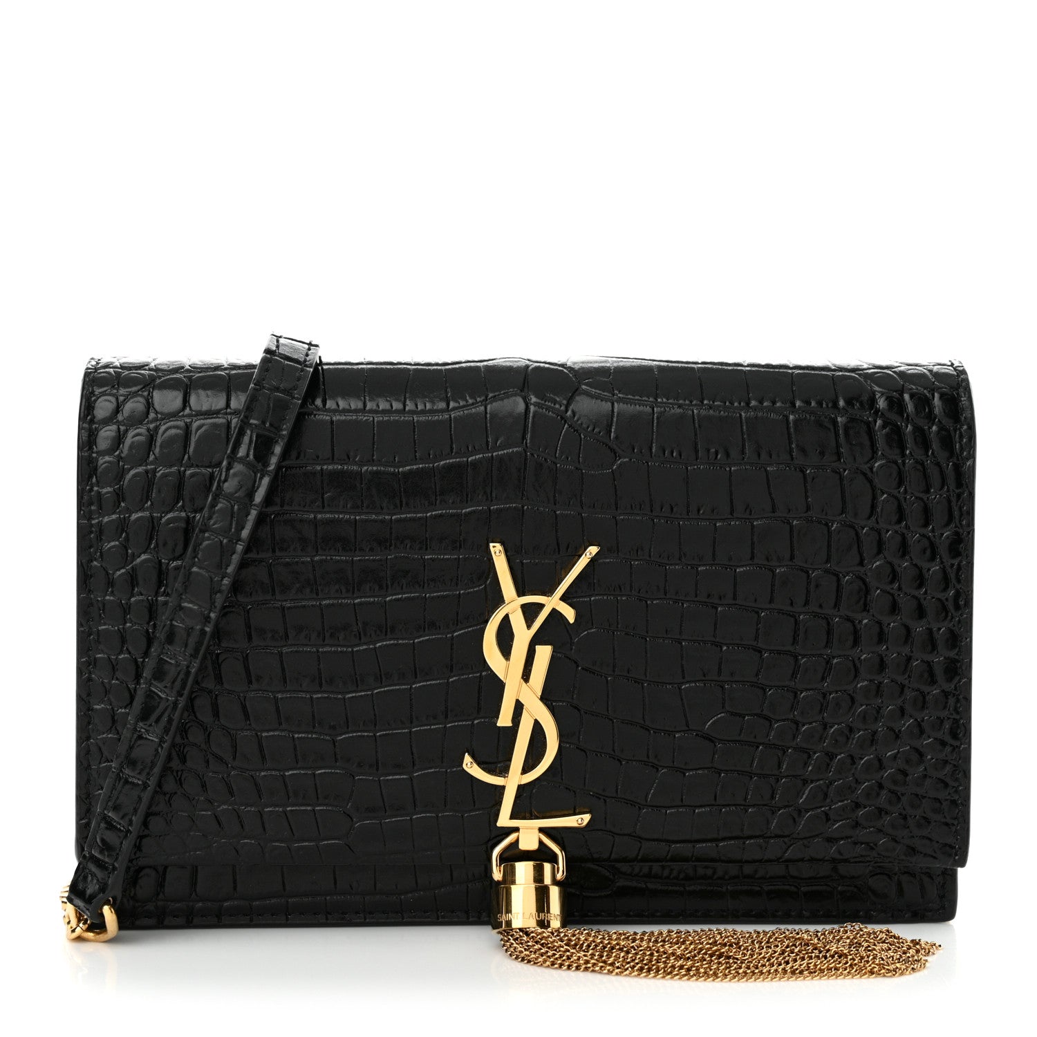 Saint Laurent Calfskin Crocodile Embossed Kate Monogram Tassel Chain Wallet Black 1 of 12