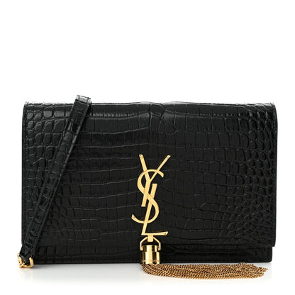 Saint Laurent Calfskin Crocodile Embossed Kate Monogram Tassel Chain Wallet Black 1 of 12