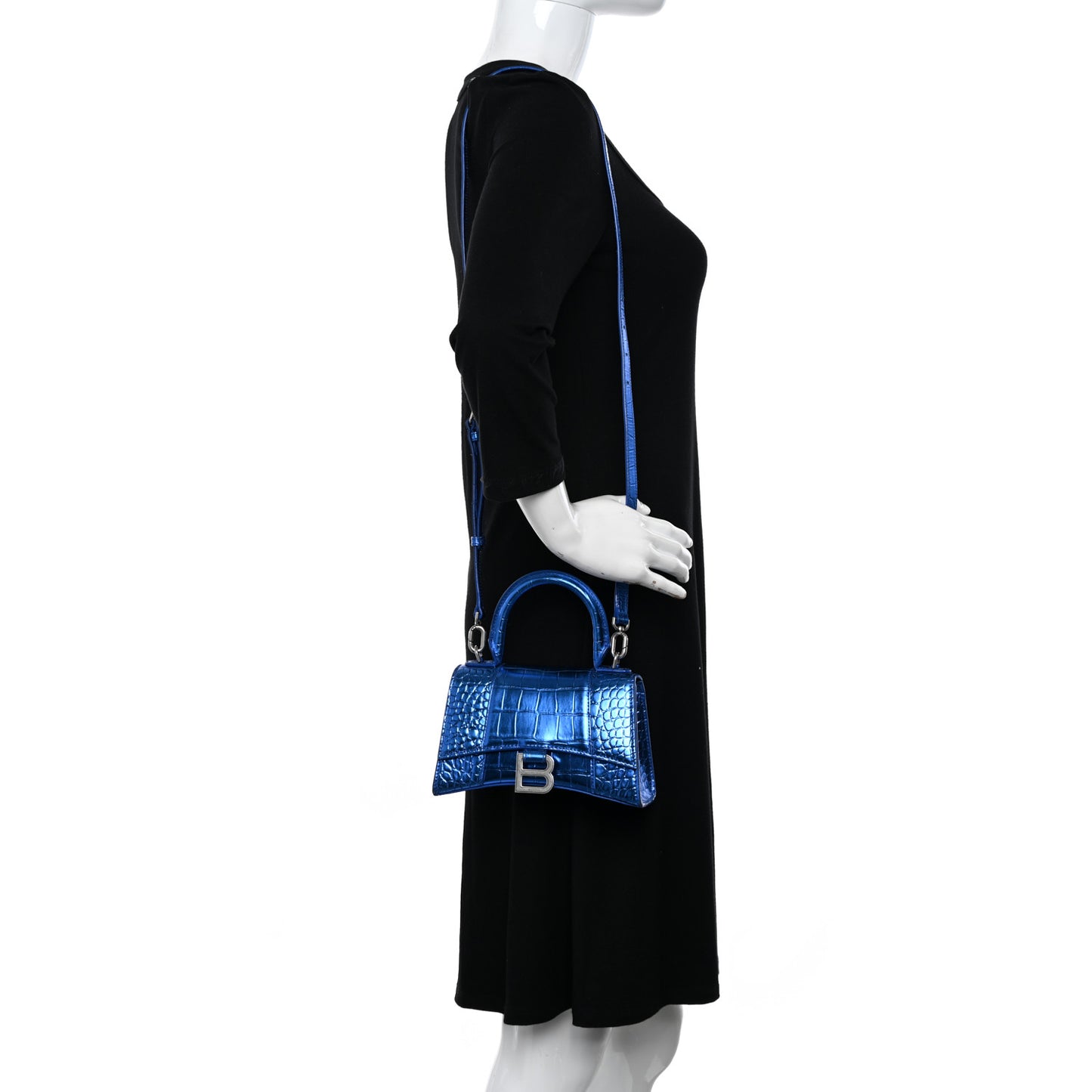 Metallic Shiny Calfskin Crocodile Embossed Hourglass Top Handle Bag XS Royal Blue