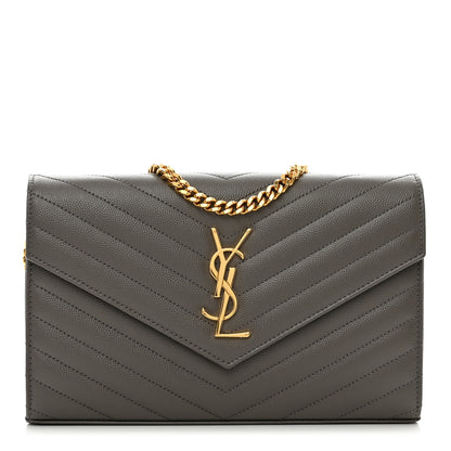 Saint Laurent Grain De Poudre Matelasse Chevron Monogram Chain Wallet Fog 1 of 10
