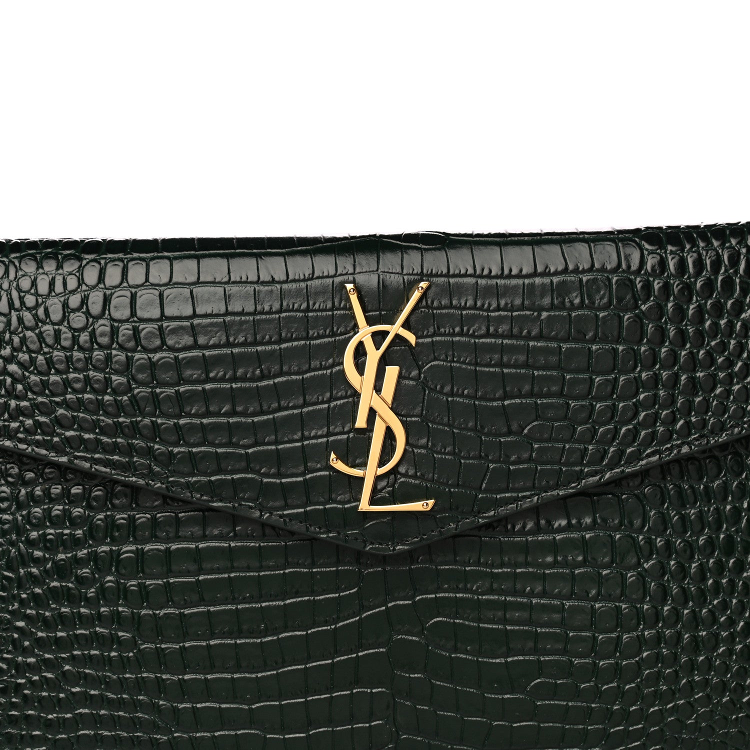Saint Laurent Calfskin Crocodile Embossed Uptown Monogram Clutch Dark Green 12 of 12