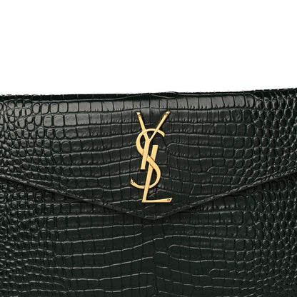 Saint Laurent Calfskin Crocodile Embossed Uptown Monogram Clutch Dark Green 12 of 12