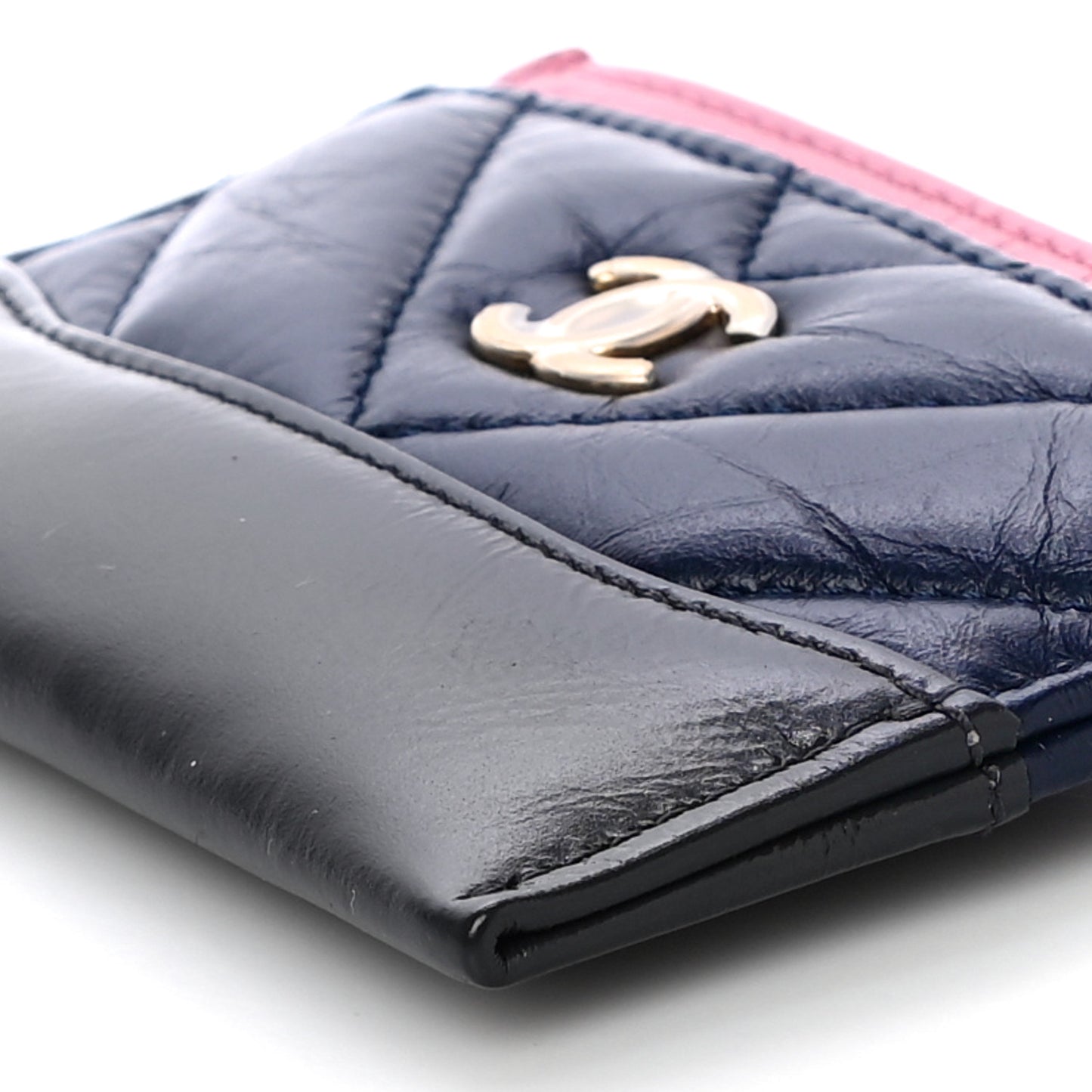 Aged Calfskin Chevron Quilted Gabrielle Card Holder Wallet Pink Navy Charcoal