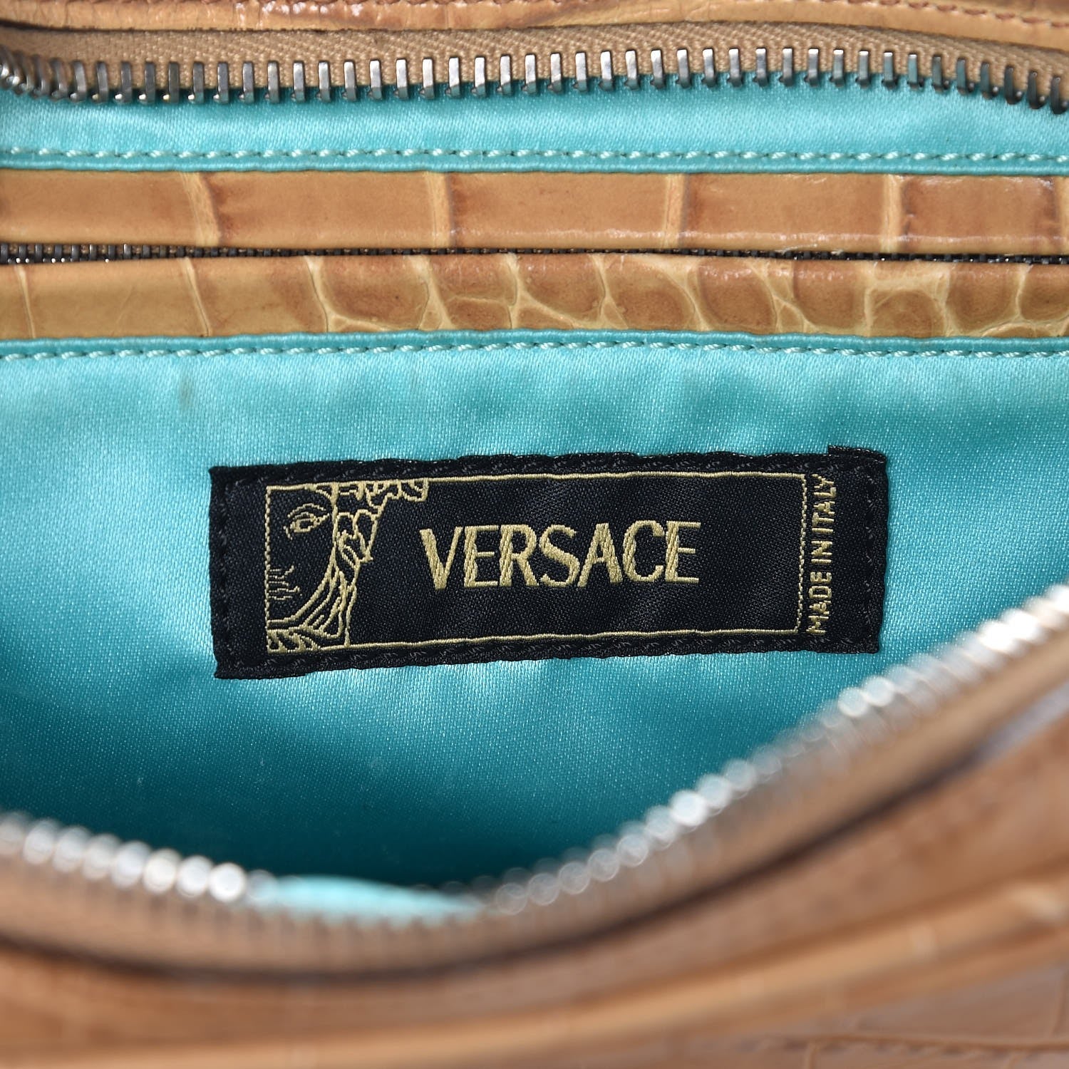 Versace Croc Calfskin Embossed Small Studded Satchel Beige 6 of 9