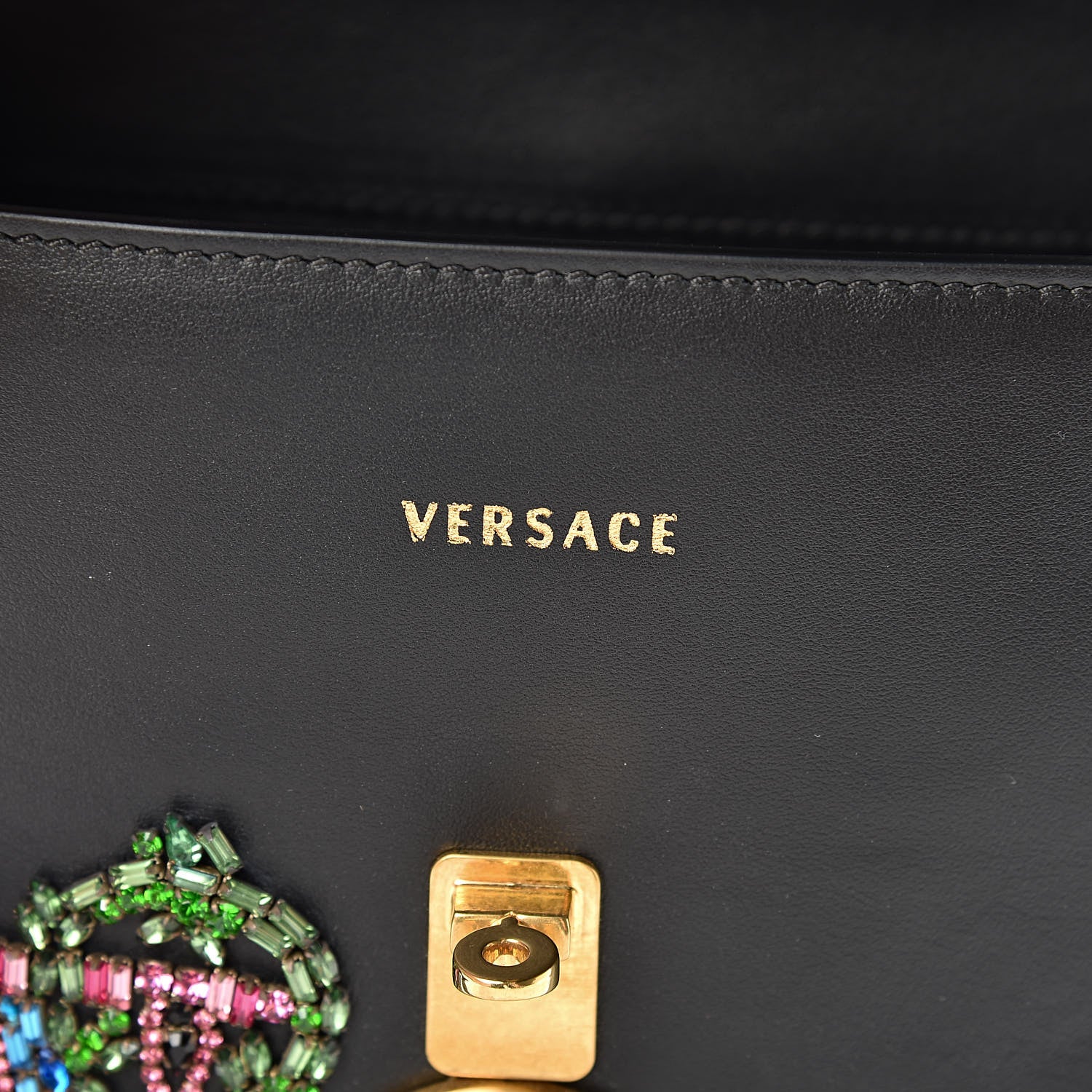 Versace Nappa Crystal Embroidered Alphabet Icon Flap Black 7 of 15