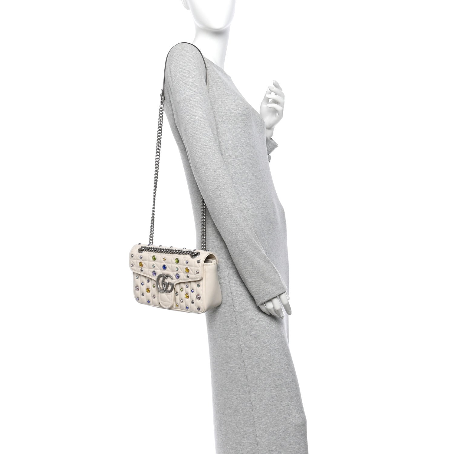 Gucci Calfskin Crystal Matelasse Aria Small GG Marmont Shoulder Bag Mystic White Multicolor 2 of 12