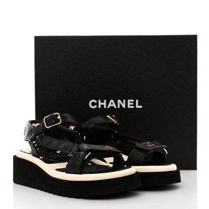Chanel Lambskin Logo Platform Sandals 37 Black White 9 of 9