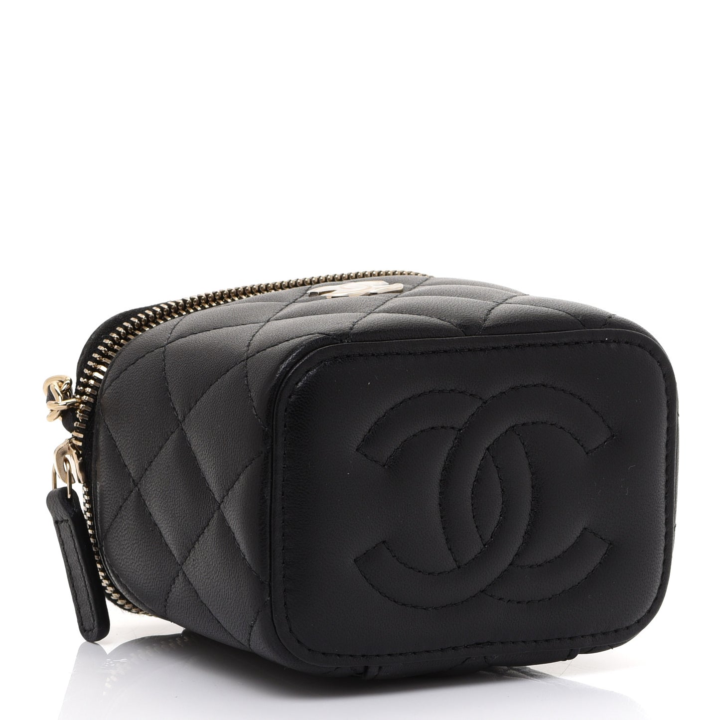 Lambskin Quilted Top Handle Mini Vanity Case With Chain Black