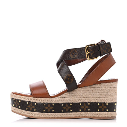 Louis Vuitton Monogram Calfskin Studded Wedge Sandals 39 1 of 15