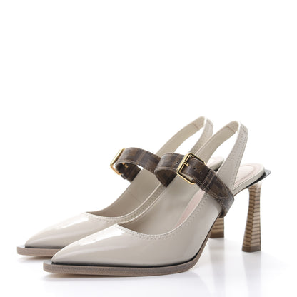 Fendi Glossy Neoprene Glazed Fabric FF FFrame Court Mary Jane Slingback Pumps 37 Pietra Tobacco Moro 3 of 9