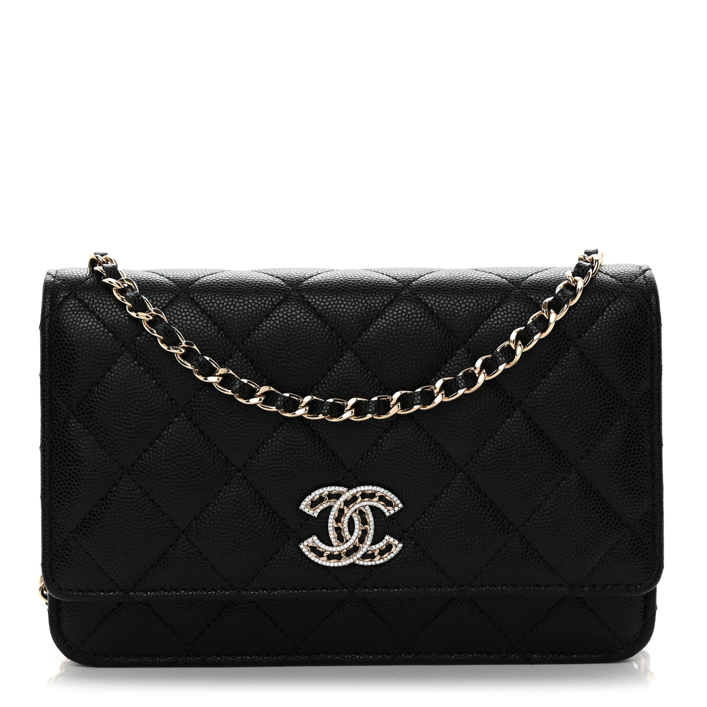 Caviar Quilted Crystal CC Wallet On Chain WOC Black