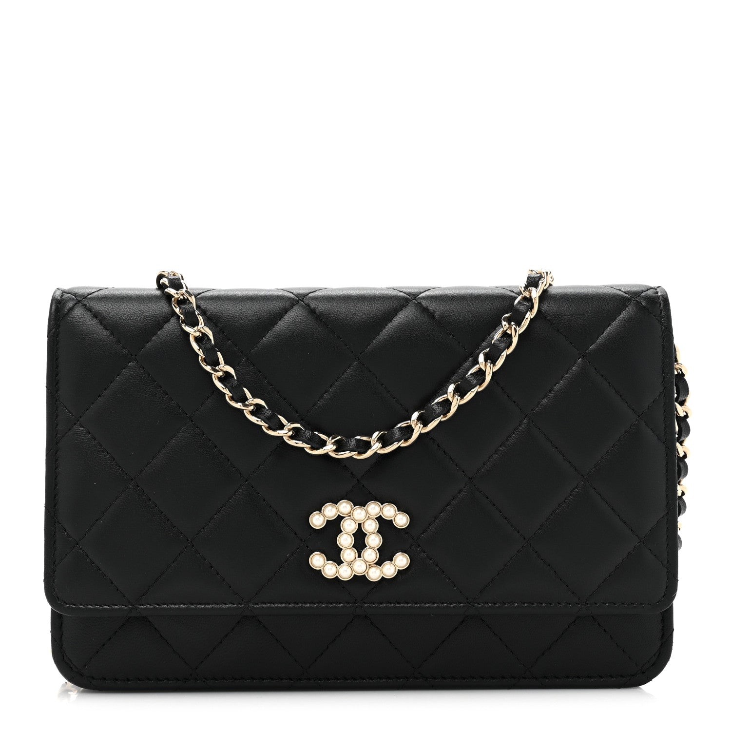 Chanel Lambskin Quilted Pearl CC Wallet on Chain WOC Black 1 of 12