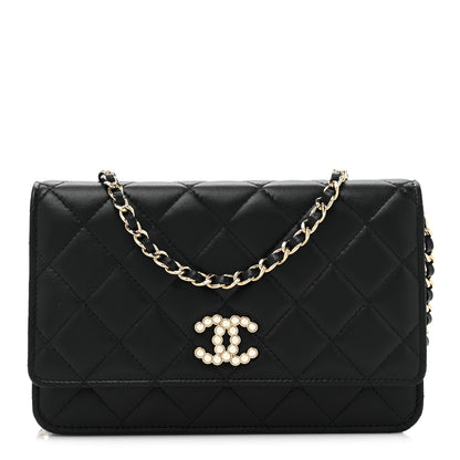 Chanel Lambskin Quilted Pearl CC Wallet on Chain WOC Black 1 of 12