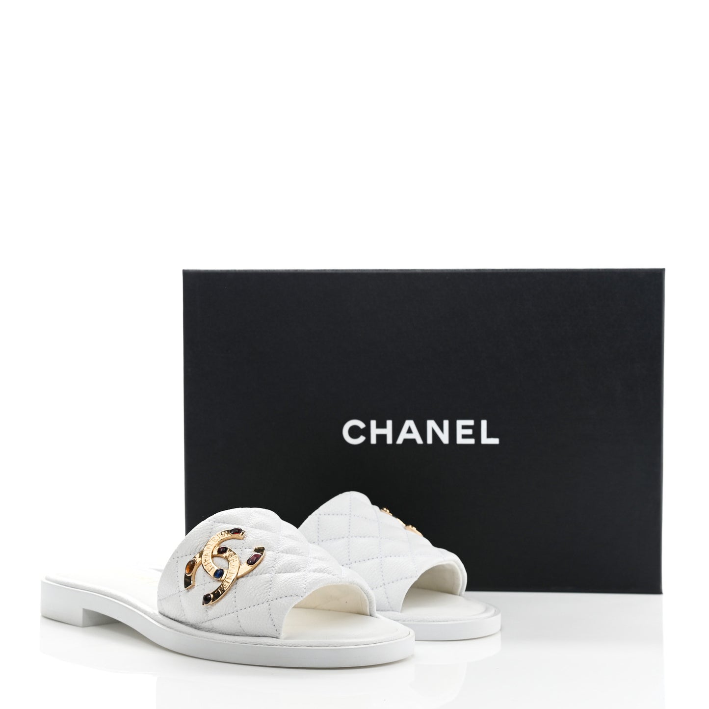 Shiny Goatskin Quilted CC Mules Sandals 37.5 White