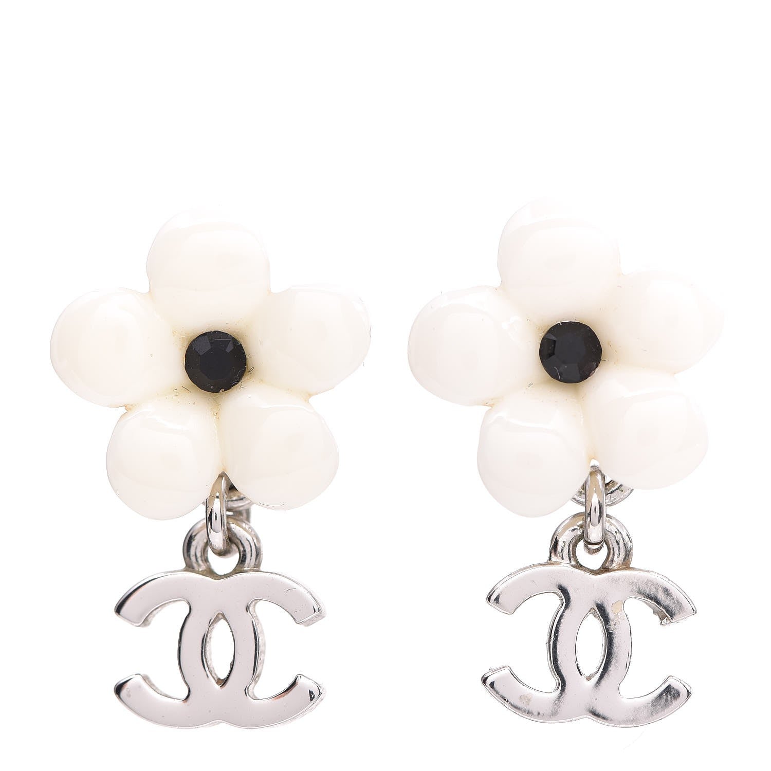 Chanel Enamel Flower CC Drop Earrings White 1 of 3