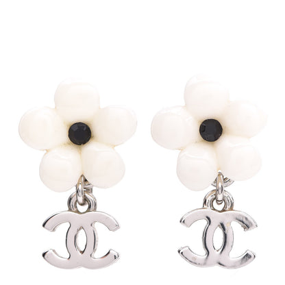 Chanel Enamel Flower CC Drop Earrings White 1 of 3