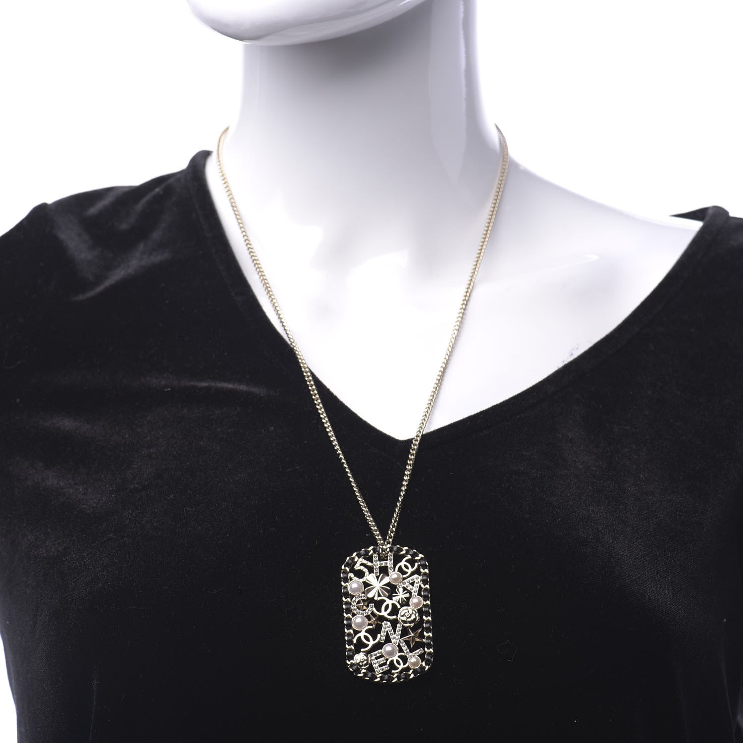 Chanel Lambskin Pearl Strass Sergeant Chain Dog Tag Charm Necklace Gold 2 of 6