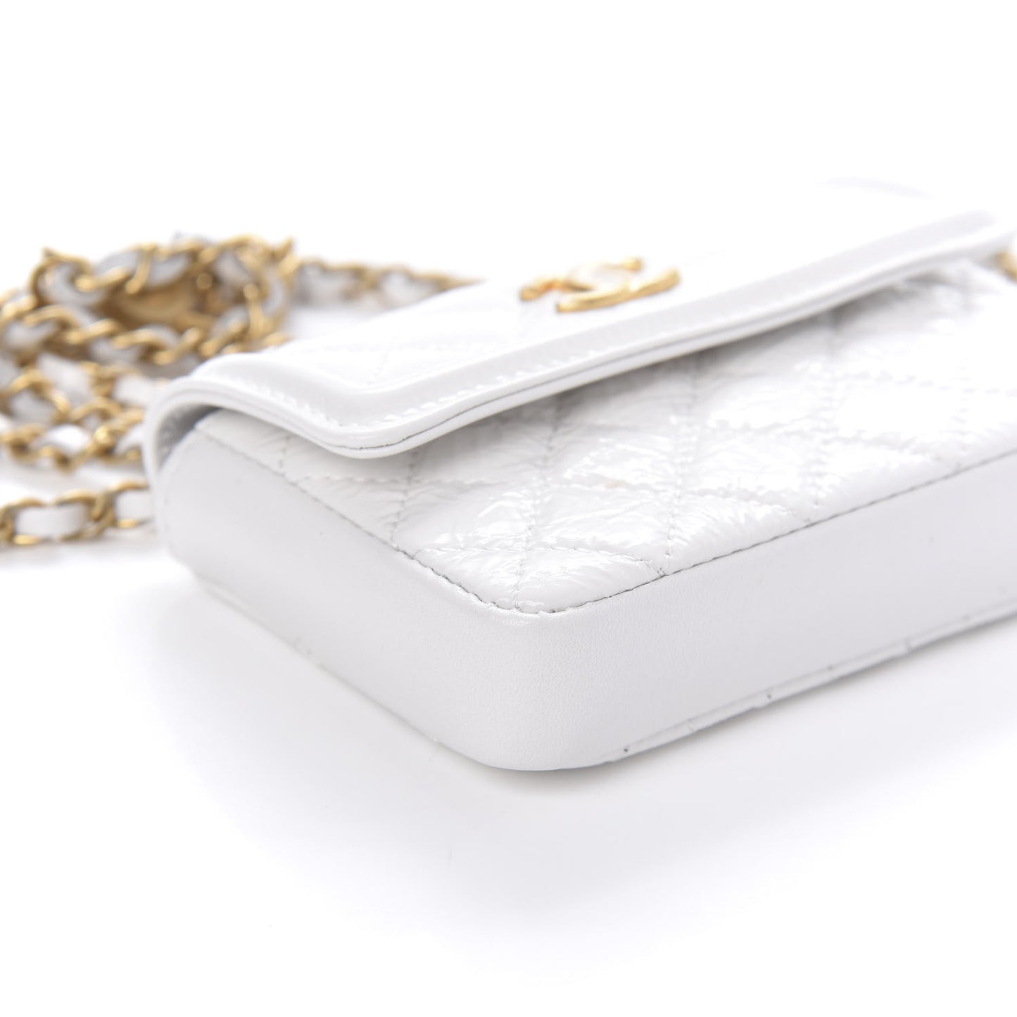 Shiny Aged Calfskin Quilted Waist Belt Bag White