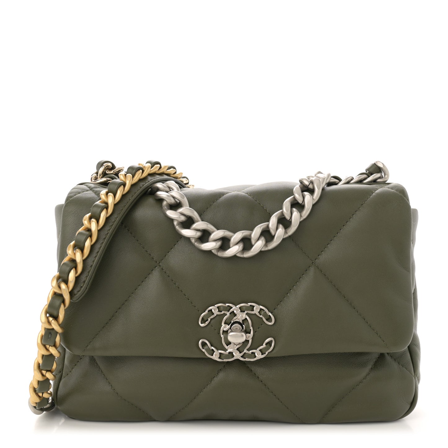 Lambskin Quilted Medium Chanel 19 Flap Khaki