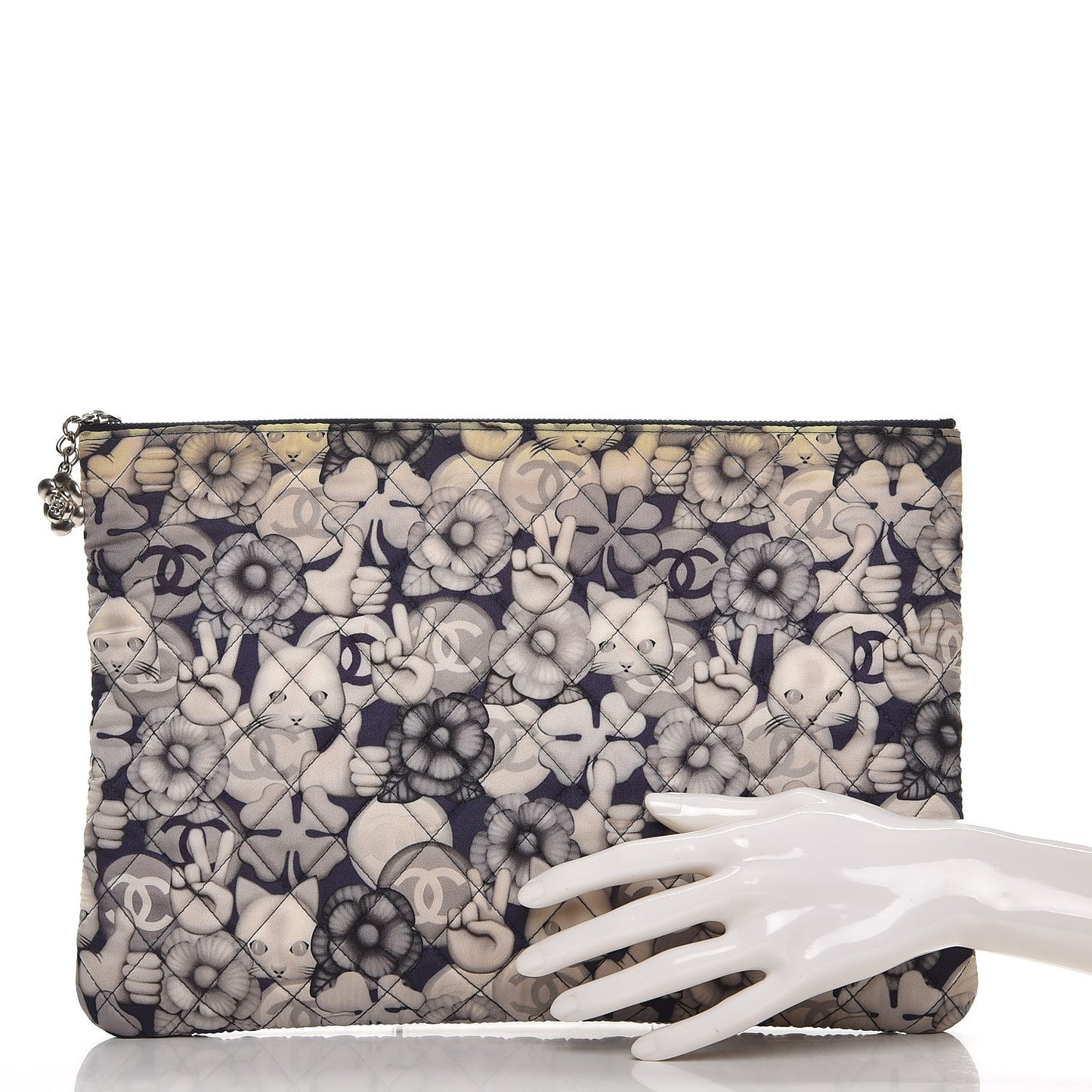 Nylon Quilted Large Cat Emoticon Cosmetic Case Navy