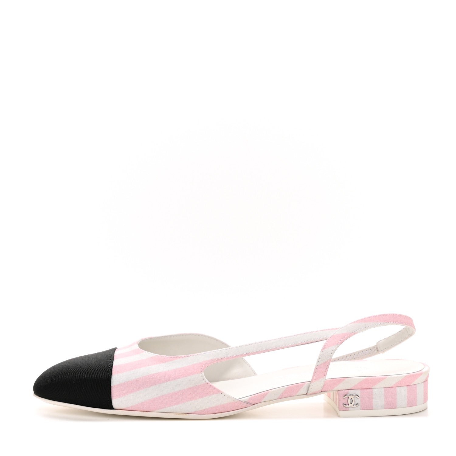 Chanel Printed Fabric Grosgrain Cap Toe Slingback Flats 37 White Pink Black 1 of 11