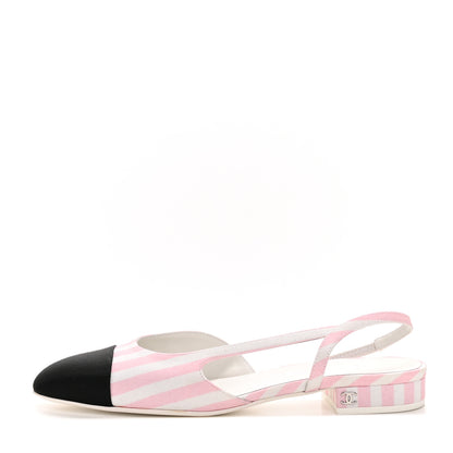 Chanel Printed Fabric Grosgrain Cap Toe Slingback Flats 37 White Pink Black 1 of 11