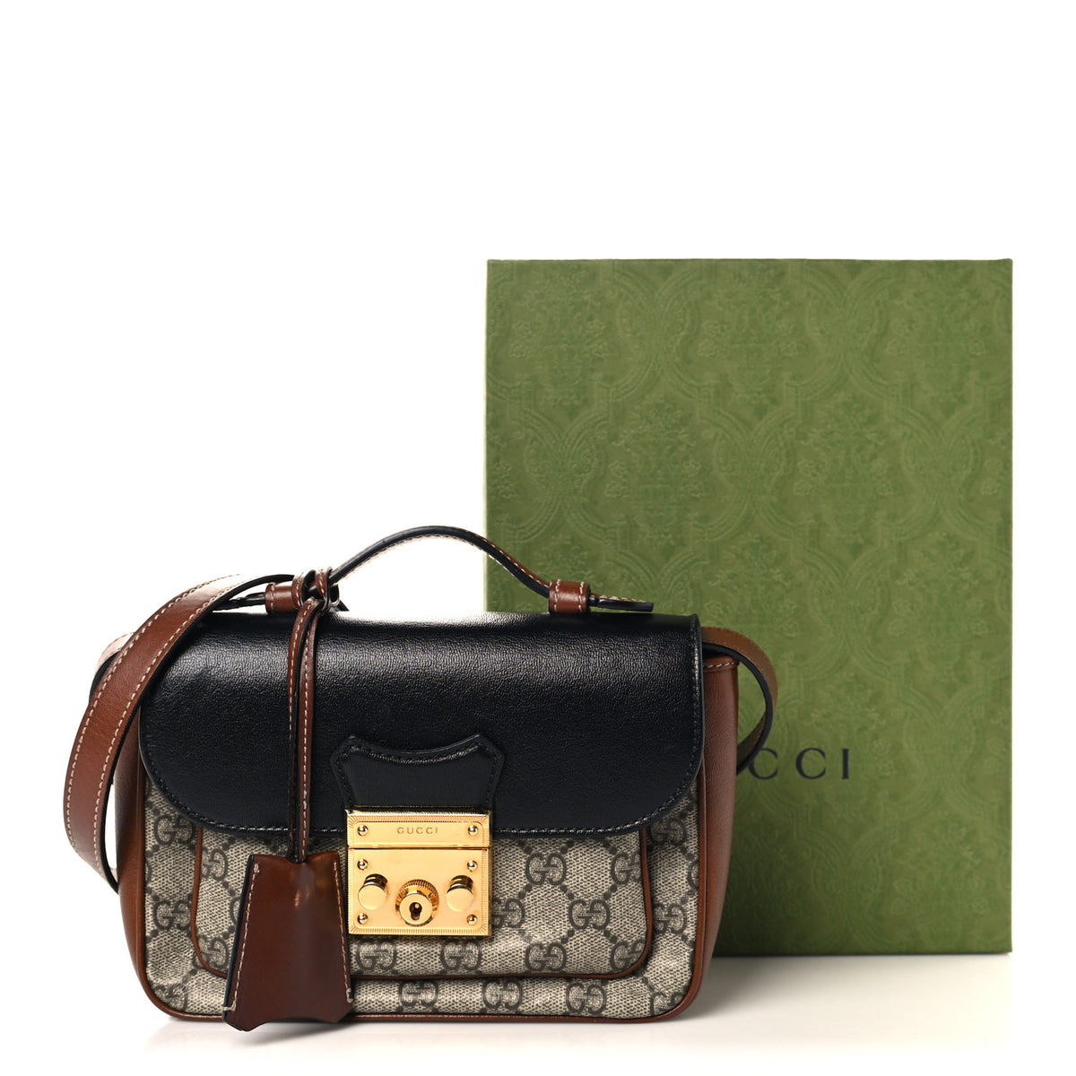 GG Supreme Monogram New Sakai Lux Calfskin Mini Padlock Flap Pocket Shoulder Bag Beige Ebony Black Cuir