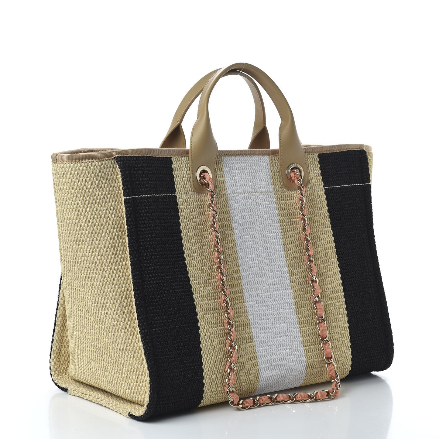 Straw Raffia Calfskin Striped Medium Deauville Tote Black Beige Ivory