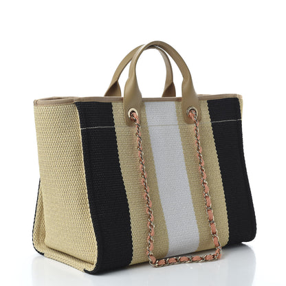 Chanel Straw Raffia Calfskin Striped Medium Deauville Tote Black Beige Ivory 4 of 12