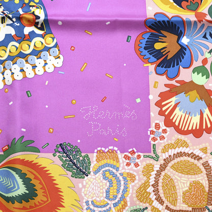 Hermes Silk Costume de Fete Scarf 90 Rose Poudre Cyclamen Jaune 2 of 5