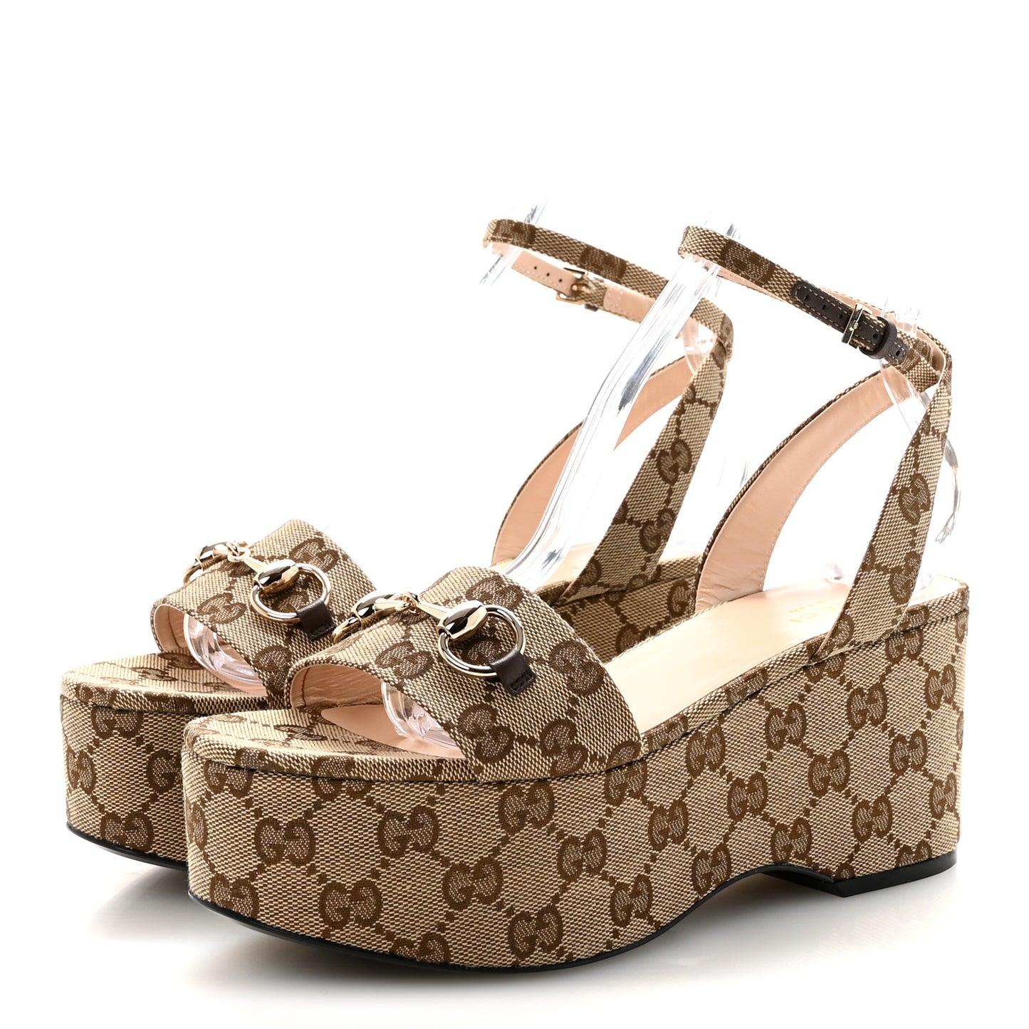 Monogram Nappa Chalotte Horsebit Ankle Strap 75mm Flatform Sandals 37.5 Beige Ebony