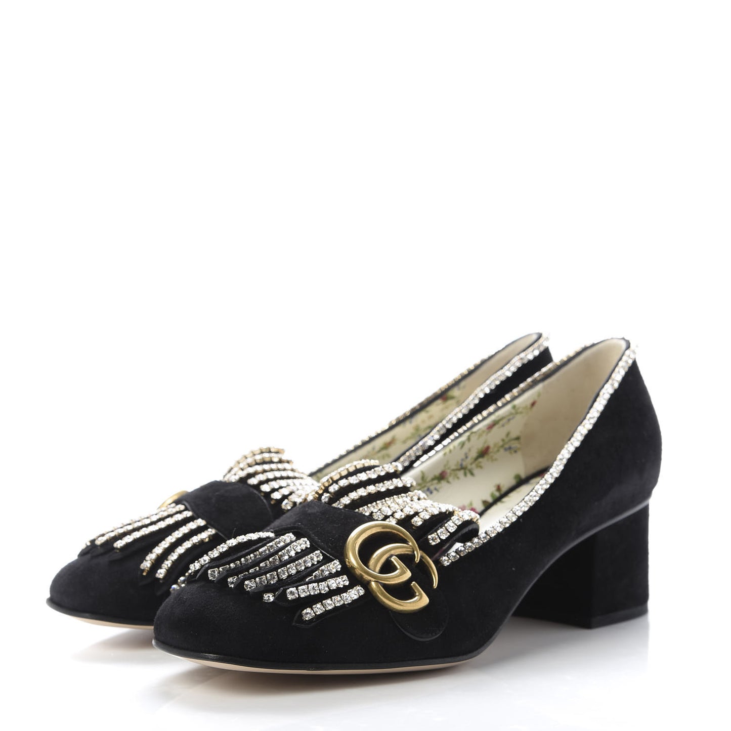 Kid Scamosciato Crystal GG Marmont Fringe 50mm Loafer Pumps 39 Black
