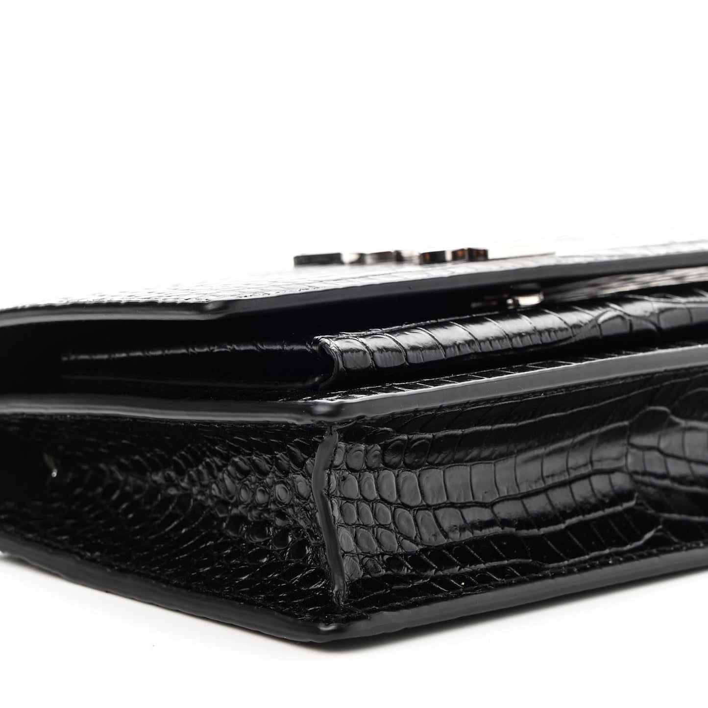 Calfskin Crocodile Embossed Monogram Sunset Top Handle Chain Wallet Black