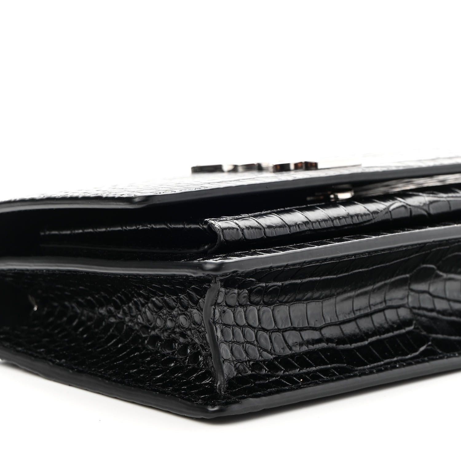 Saint Laurent Calfskin Crocodile Embossed Monogram Sunset Top Handle Chain Wallet Black 7 of 8
