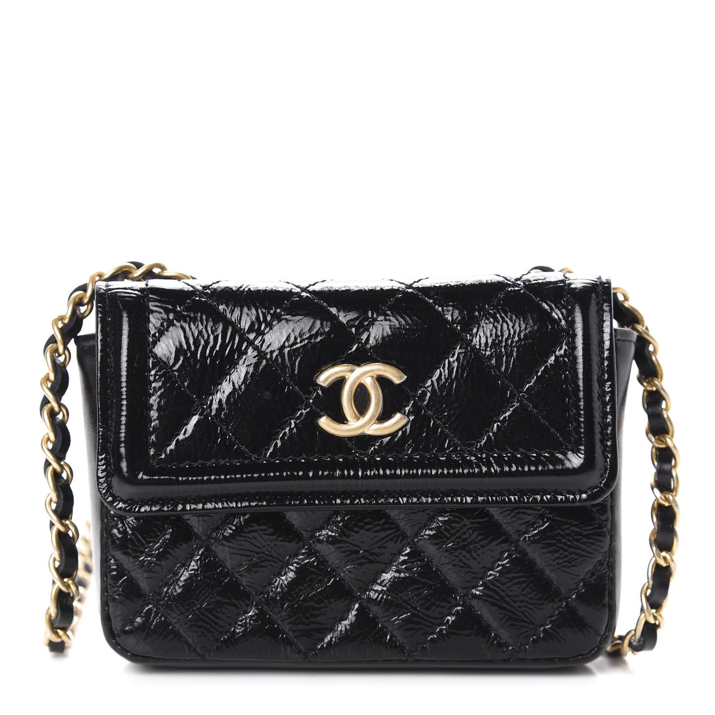 Shiny Aged Calfskin Quilted Waist Belt Bag Black