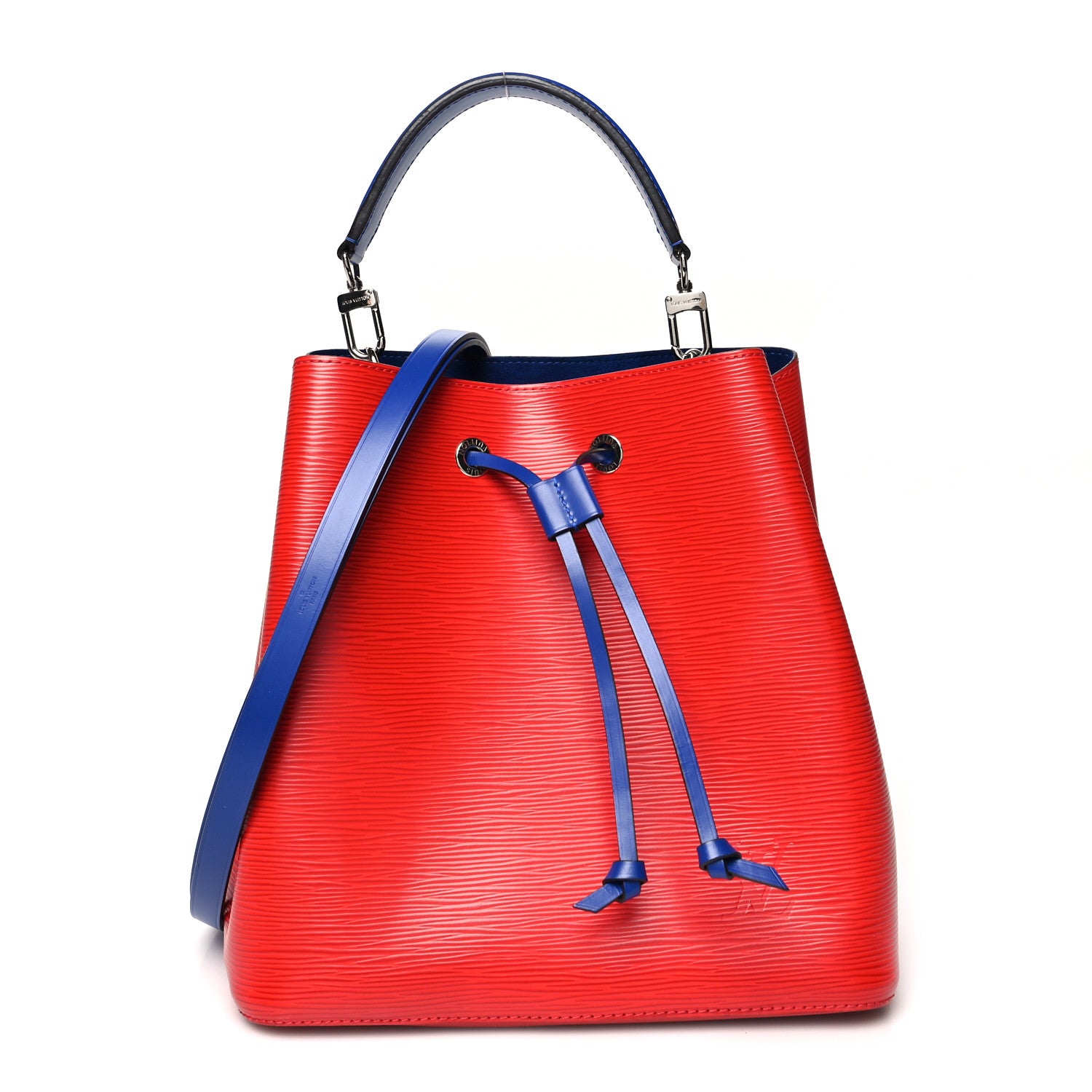 this is an image of a LOUIS VUITTON Epi Neonoe in the colors Coquelicot and Indigo by FASHIONPHILE
