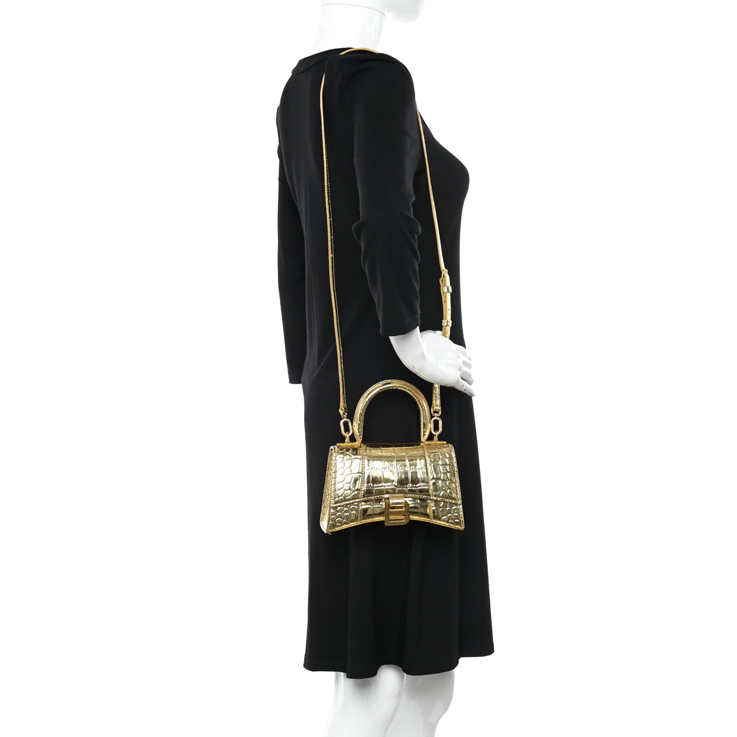 Balenciaga Metallic Calfskin Crocodile Embossed Hourglass Top Handle Bag XS Gold 2 of 17
