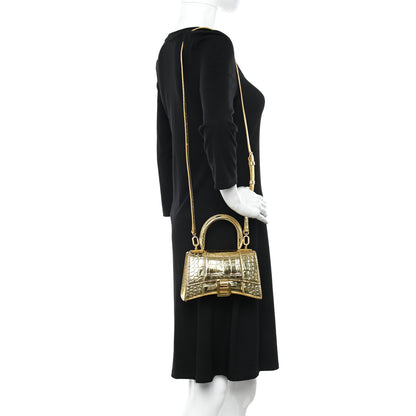 Balenciaga Metallic Calfskin Crocodile Embossed Hourglass Top Handle Bag XS Gold 2 of 17