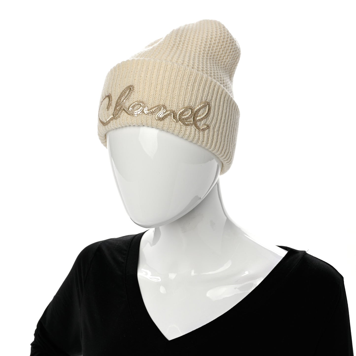 Cashmere Sequin Logo Beanie Hat Ivory Gold