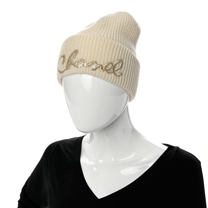Chanel Cashmere Sequin Logo Beanie Hat Ivory Gold 2 of 6