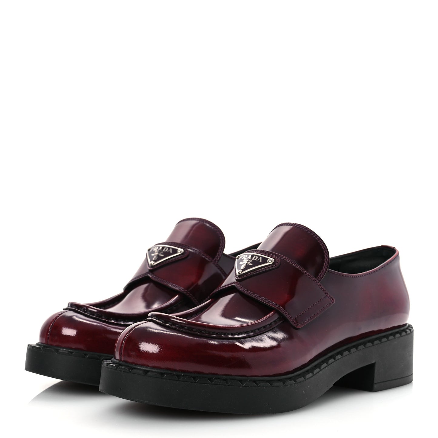 Brushed Calfskin Metal Triangle Logo 50mm Loafers 38.5 Porpora Fume